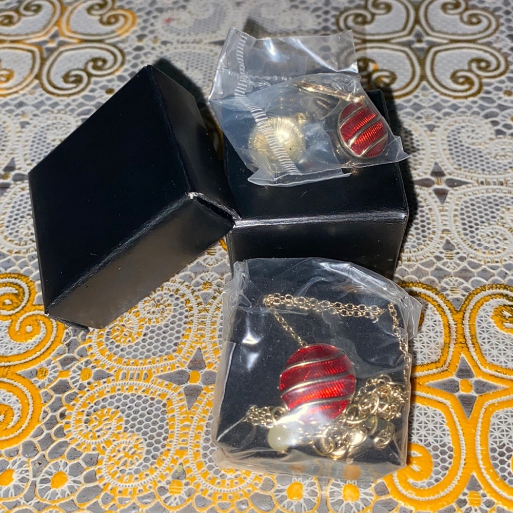 Avon brand earrings and necklace set, red and gold.